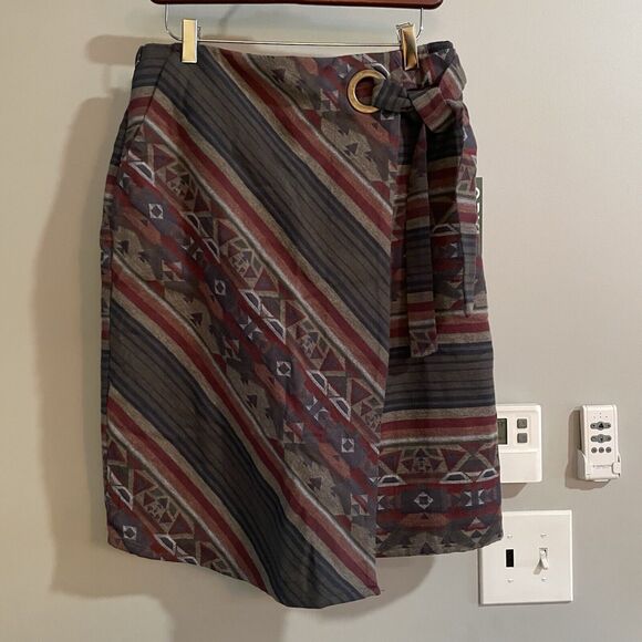 Orvis Wrap Skirt Sz M Southwestern Aztec Elastic Waist Side Zip Tie Pockets New - Picture 1 of 12
